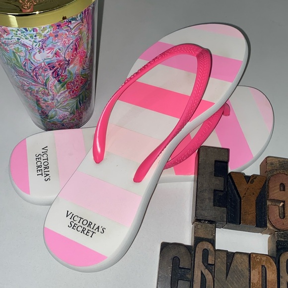 🆕VICTORIA’S SECRET Pink & White Striped Flip Flop Sandals - Picture 5 of 12